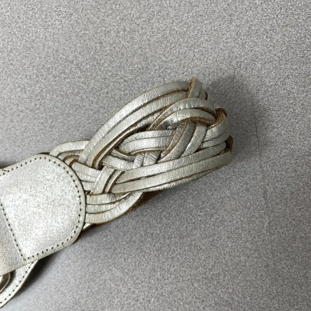 Chicos Woven Leather Belt Womens Small Metallic Silver D Ring Buckle Wide Boho